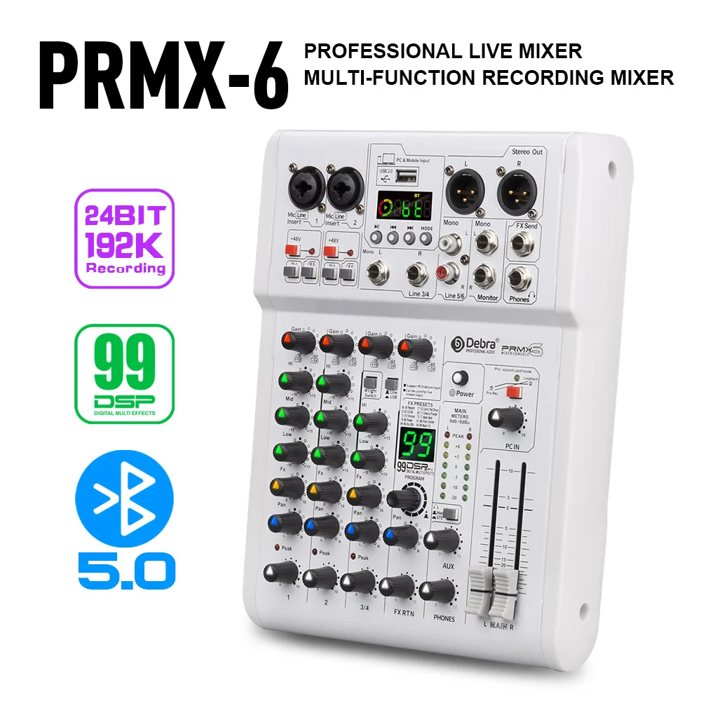 PRMX-6 오디오 믹서, 5.0 BT, 99 DSP 디지털 리버브, USB 레코딩, 스튜디오 품질 24비트/192khz를 갖춘 DJ 믹서, 스튜디오, 라이브용