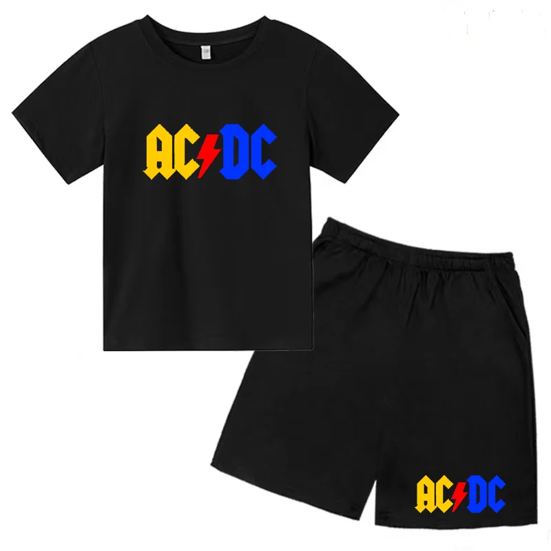 

Kids Summer AC DC Printed T-shirt 3-12 Years Old Boys Casual Short Sleeve Top + Shorts 2P Pretty Girls Charming Sunshine Suit