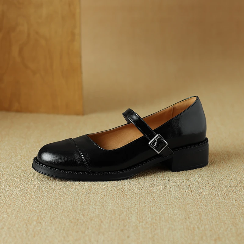 Fashion Spring Summer New Round Toe Concise Women Pumps Solid Split Cow Leather Buckle Square Low Heels Female Shoes Size 34-39