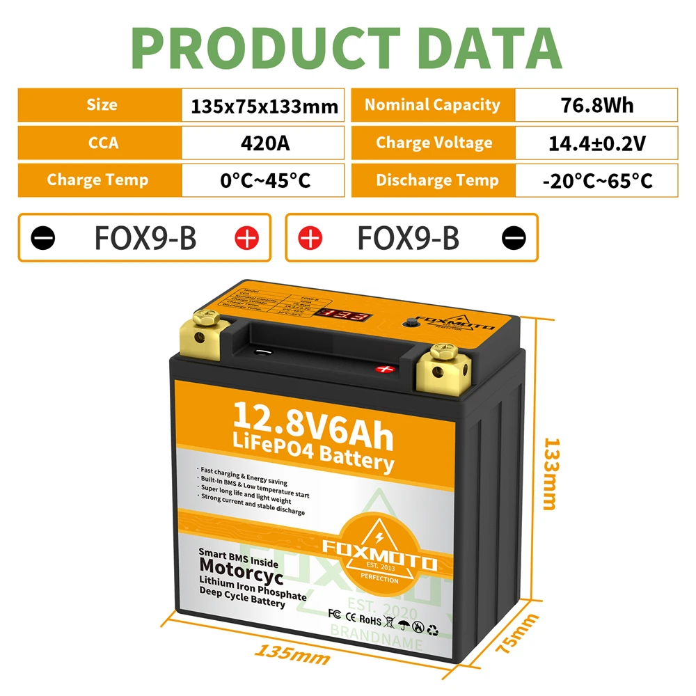 

FOX9-B 12.8V 76.8Wh CCA 420A BMS Motorcycle Start Battery 12.8V Lithium iron Phosphate Scooter LiFePO4 Batteries YTX9-B