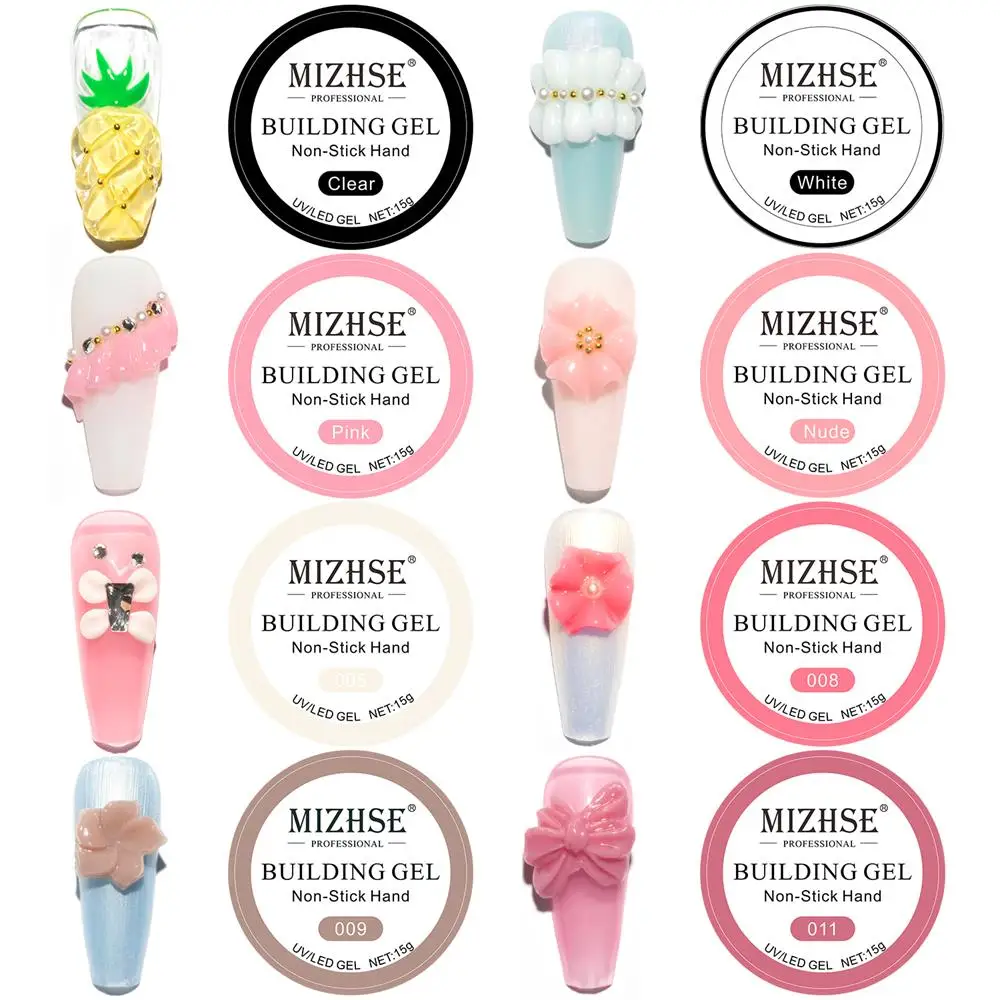 MIZHSE 15G Extension Nail Gel Non Stick Hand Solid Easy Stick Nail Patch Gel No Flowing Non Sticky Builder Gel Clear Nude Pink 3
