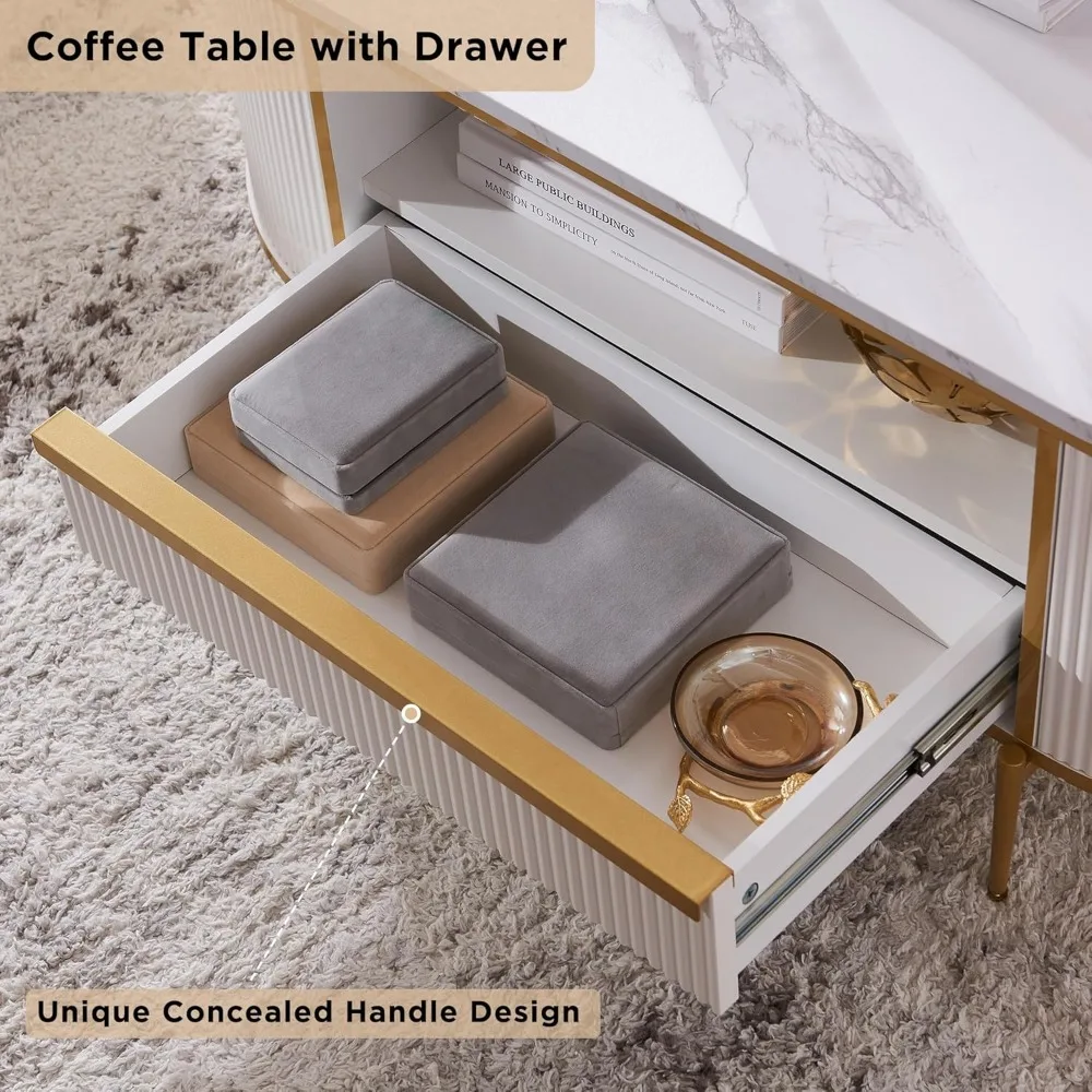 Modern Luxury Fluted Coffee Table, 48" Oval Coffees Tables with Drawer, Faux Marble Top, Curved Profile Design,Coffee Table 4