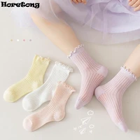 Horetong 4 Pairs/Set Kids Middle Tube Socks Spring Summer Solid Cotton Socks Cute Korean For Baby Girls Clothing Accessories 2