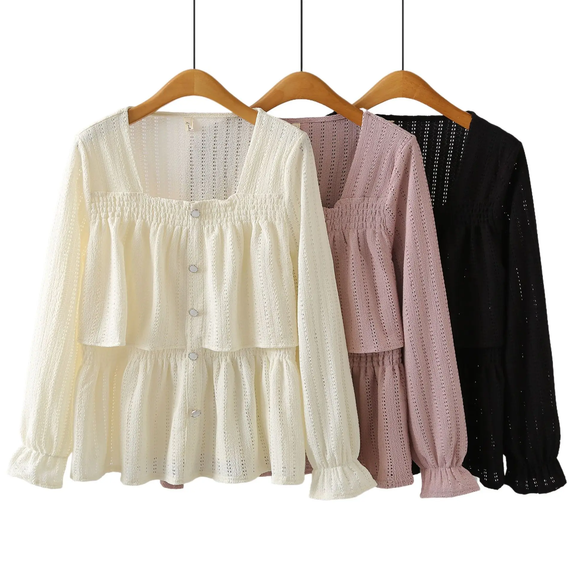 Plus Size Women's Blouses Autumn New Fashionable Square Collar Hollow Out Long Sleeved Shirt 2515