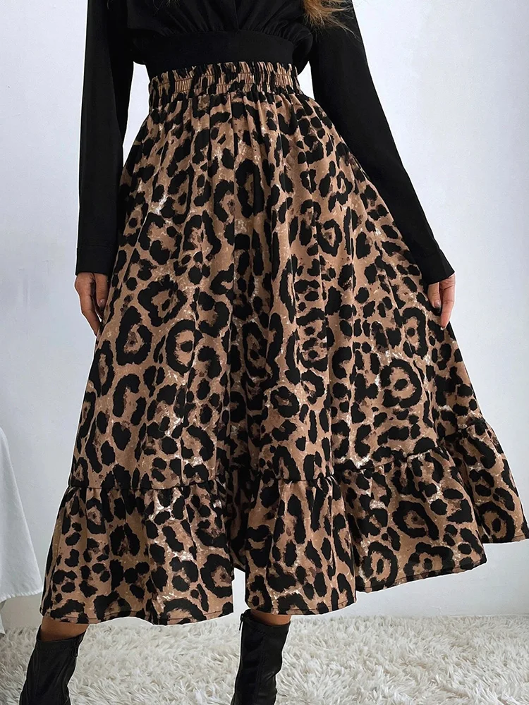 

Chiffon Pleated Skirt Women Summer Sexy Leopard Printed Mid-Calf Gray Coffee Loose Long Skirts High Waist