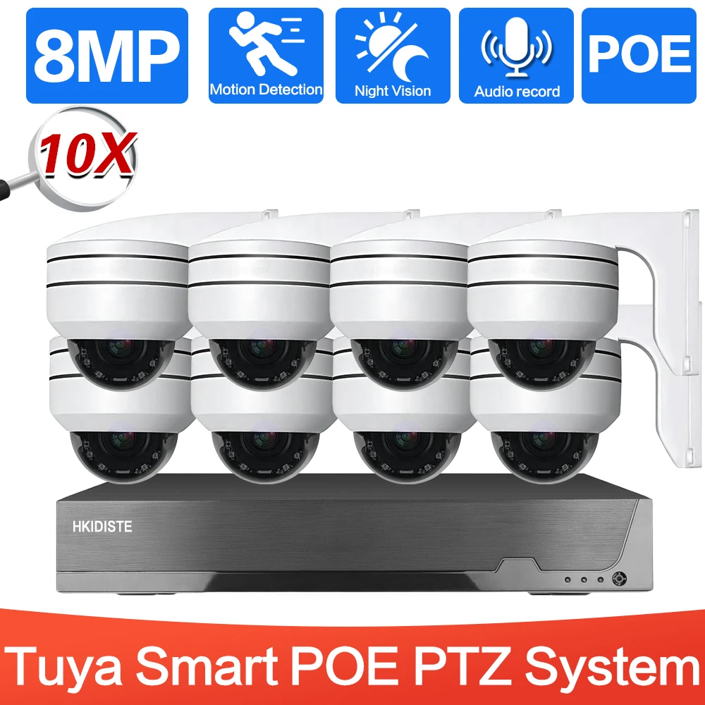 8CH 스마트 라이프 4K POE 보안 키트 실외 8MP POE PTZ IP 돔 카메라 (10배 줌 비디오 감시 시스템 포함) 4CH POE NVR 키트