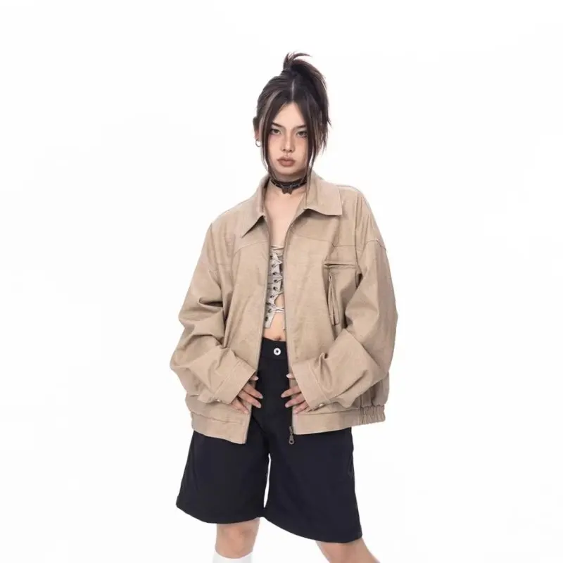 PU Leather Jacket Ladies American Retro Autumn and Winter Women's Leather Jacket Loose Moto & Biker Solid Brown Coat for Women