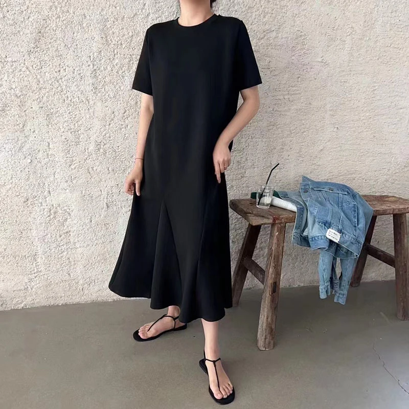 

Women 2024 Summer Fashion Loose T-shirt Dress Female Korean Long Fishtail Dresses Ladies Short Sleeve Leisure Vestidos C167