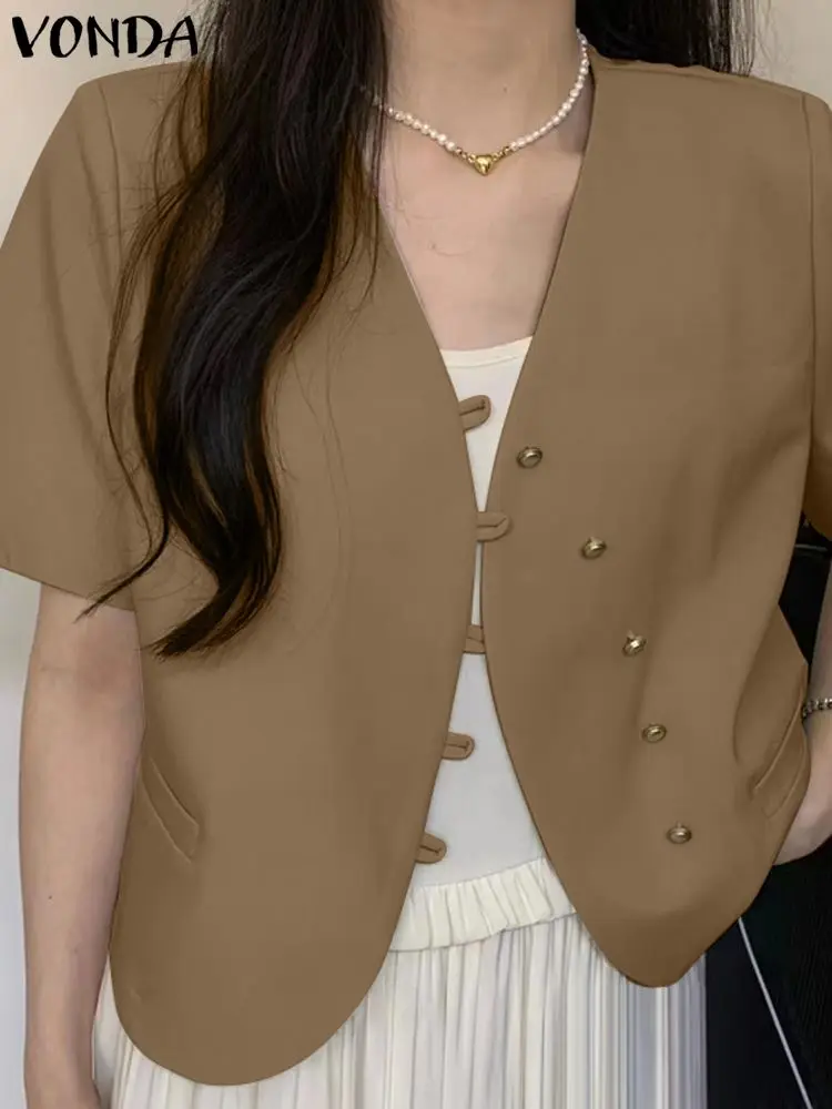 

2023 VONDA Elegant Women Blazer Summer OL Style Coats Fashion Short Sleeve V-Neck Casual Solid Color Loose Blazer Buttons Tops