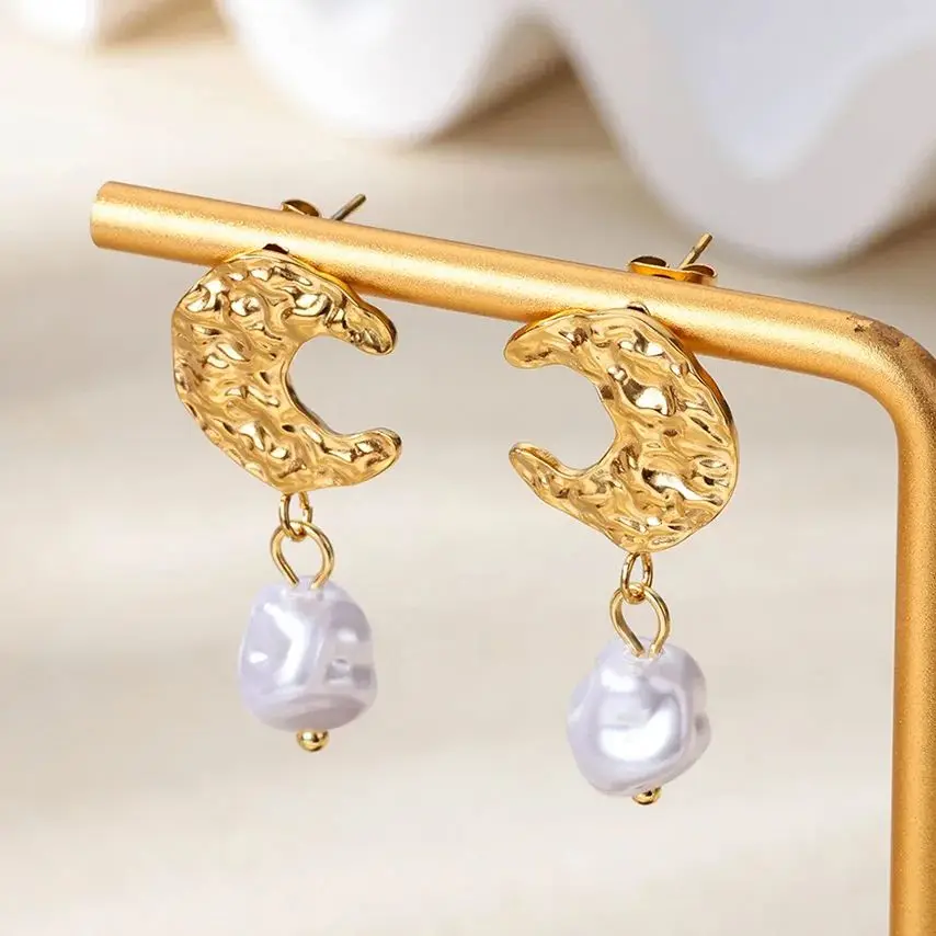 Stainless Steel Moon Pearl Earrings Gold Color Anti Fading for Women