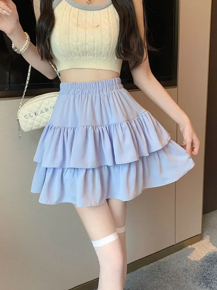 2024 New Ruffled Cake Skirts Women High Waist A-line Solid All-match Sweet Lovely Girl Korean Gentle Spring Kawaii Casual Skirts 3
