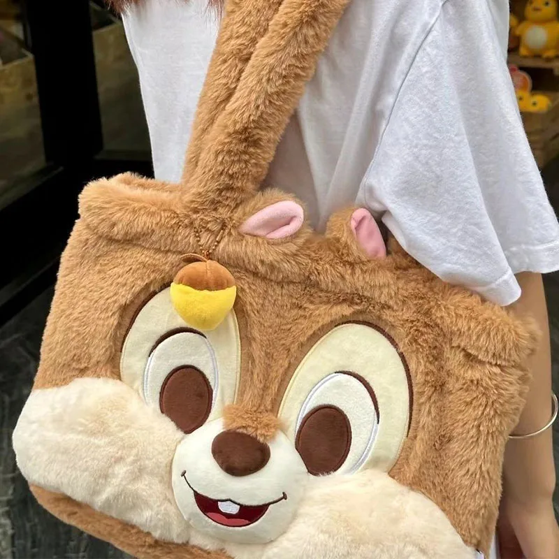 

Kawaii Cute Disney Chipmunk Chip Dale Plush Doll Shoulder Bag Pine Cone Pendant Cartoon Ins Large Capacity Tote Gift for Girls