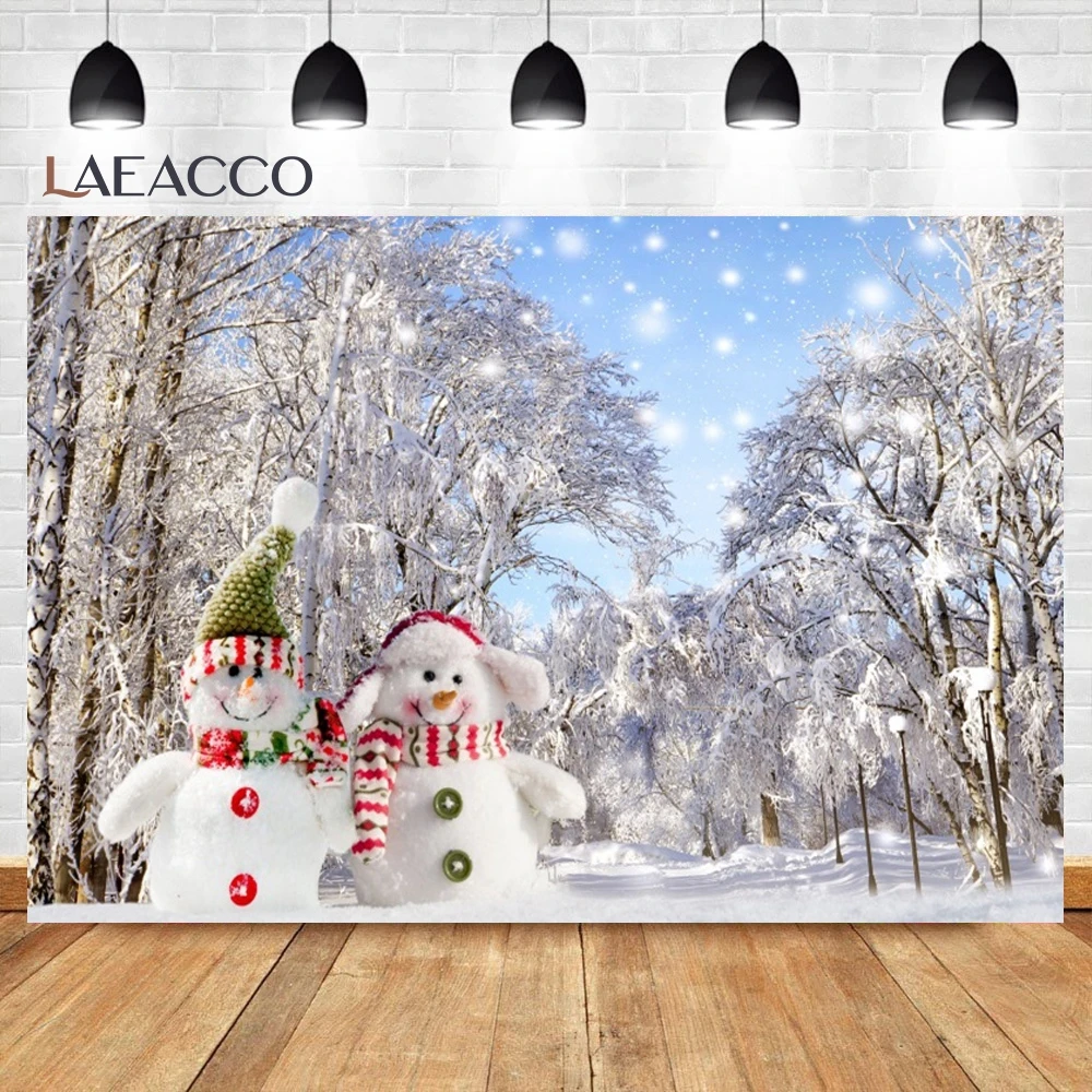 Laeacco Weihnachts-Fotohintergrund – 3,4 X 2,4 M | Mit Weihnachtsbäumen, Geschenken, Schneemann, Winterwald-Design
