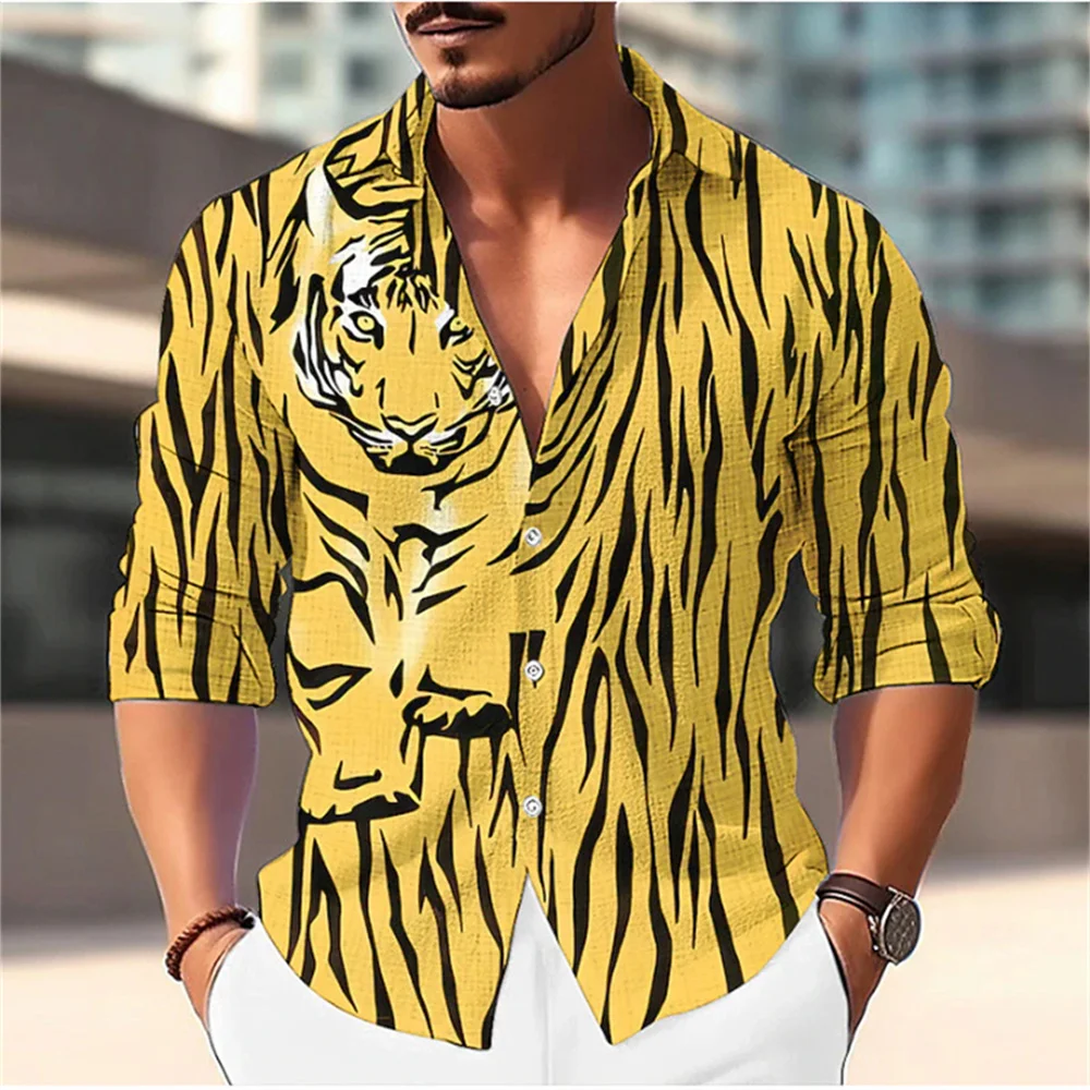 New Solid Tiger Print Pattern Polo Neck Shirt Fashion Designer Men's Street Long Sleeve Top Comfortable Soft Material 2023 western fashion leisure men leather belt jeans green tiger pattern gold silver diamond leopard buckle strap