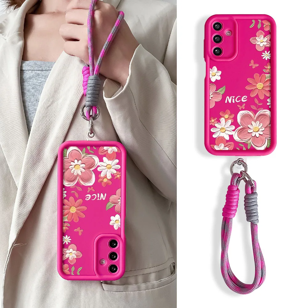 Whimsical Floral Phone Case with Wrist Chain Lanyard Cover