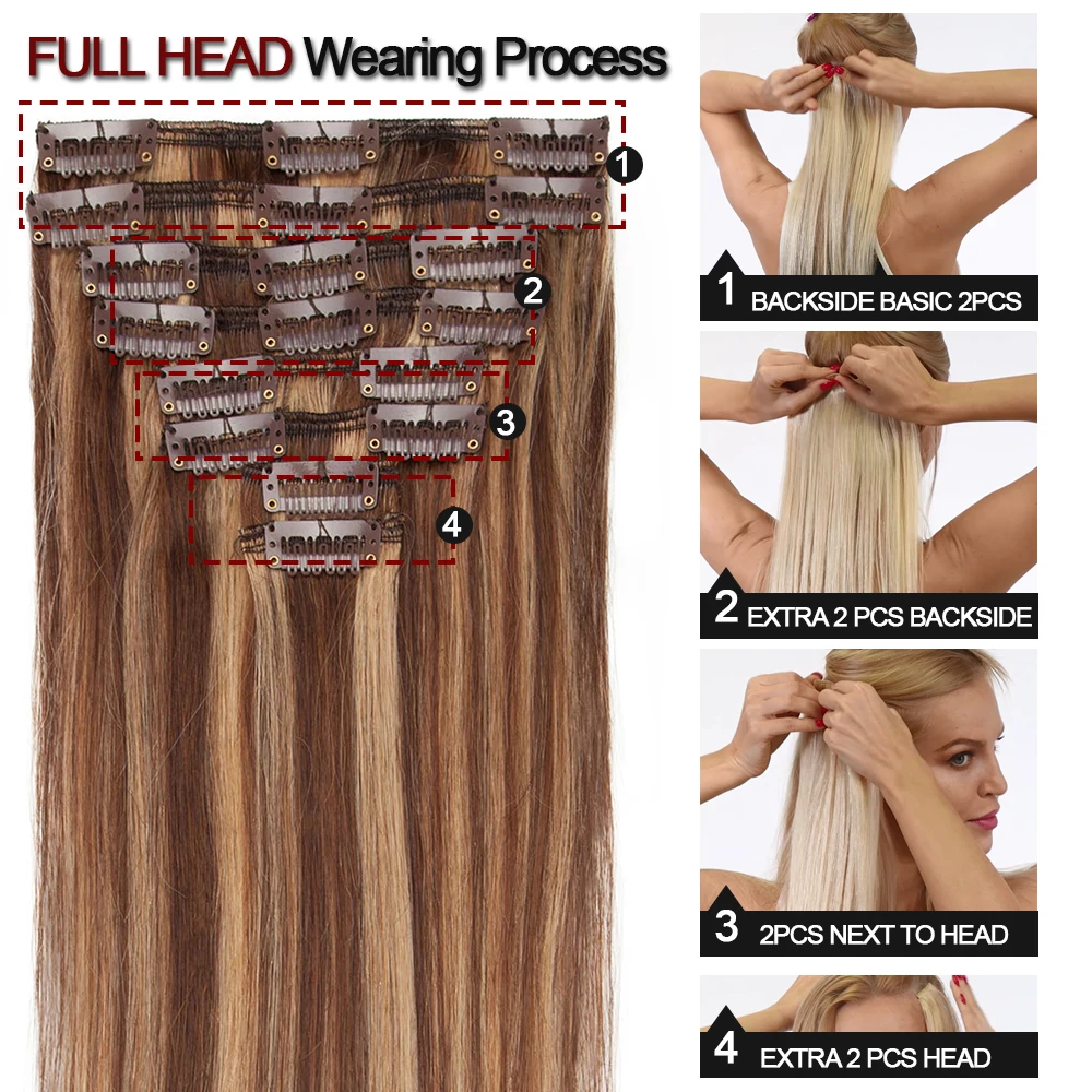 Clip in Hair Extensions Real Human Hair 8Pcs 10-24 inch Highlights Blonde Weft