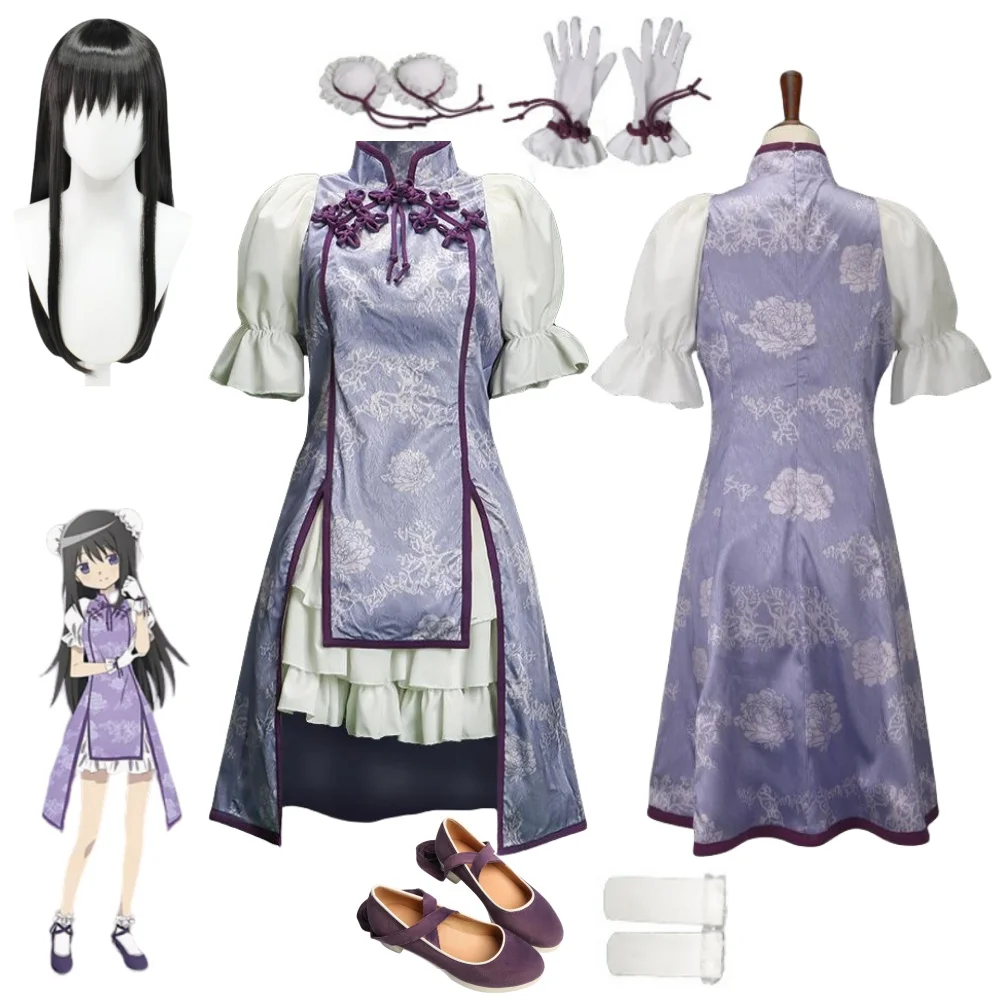 

Madoka Magica Akemi Homura Cheongsam Cosplay Anime Puella Magi Costume Wig Waist Up Dress Halloween Party Uniform