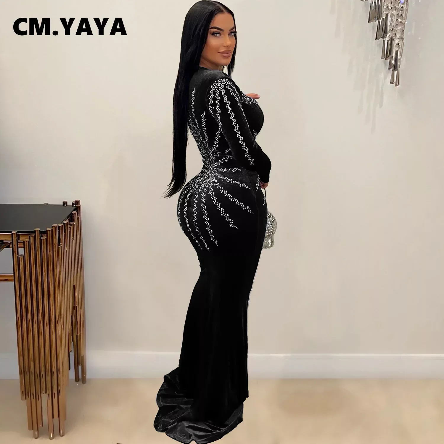CM.YAYA Women Diamonds Hot Rhinestones Velvet Long Sleeve Mermaid Birthday  Bodycon Midi Maxi Dress 2024 Sexy Party Long Dresses - AliExpress 200000345