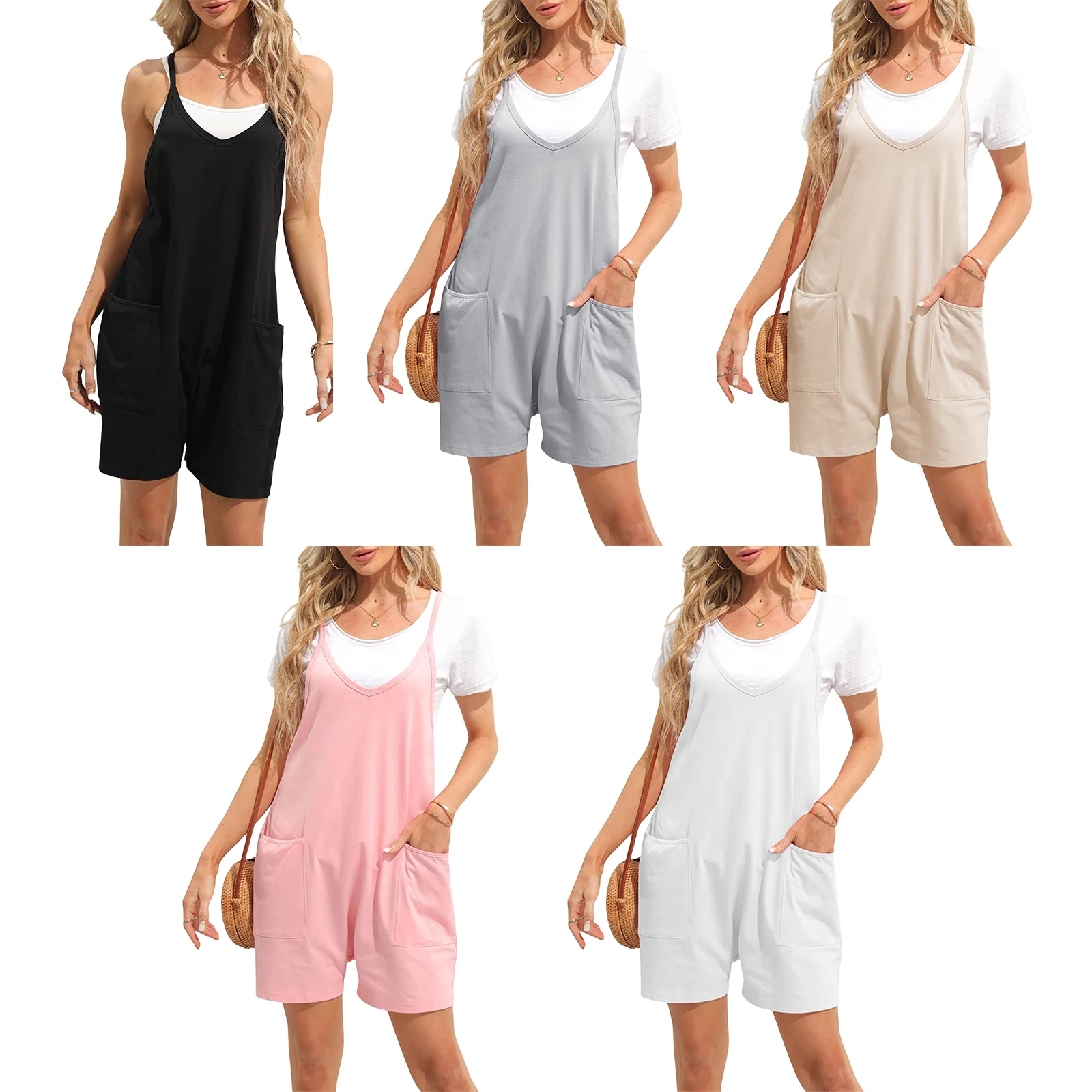 

Women Basic Short Jumpsuit Sleeveless V Neck Solid Loose Playsuit with Pockets for Casual Daily