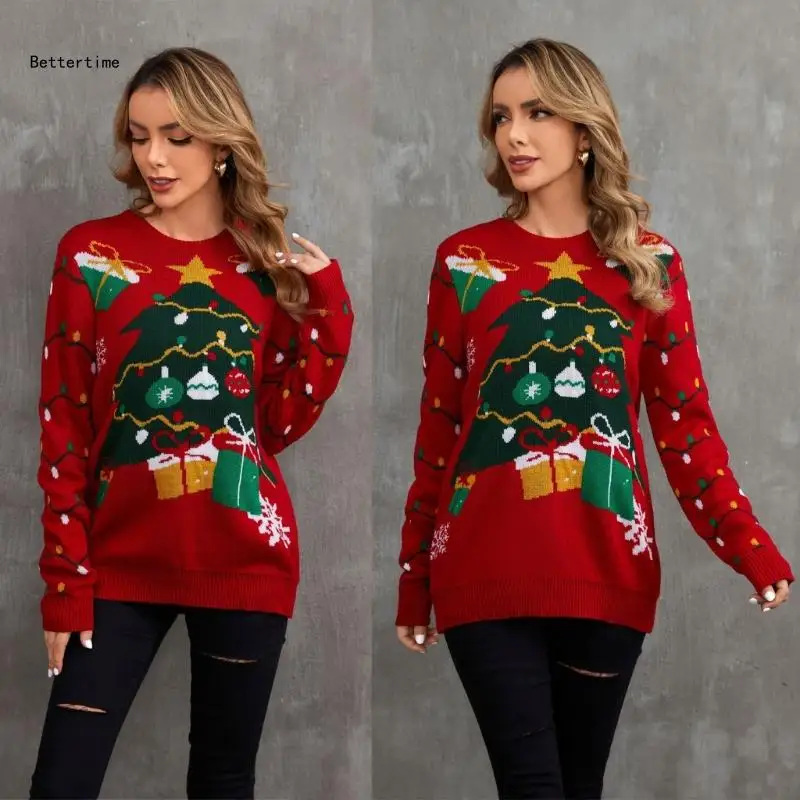 

B36D Christmas Sweater for Women Crewneck Knit Sweater Family Matching Outfits Loose Pullover Knitwear
