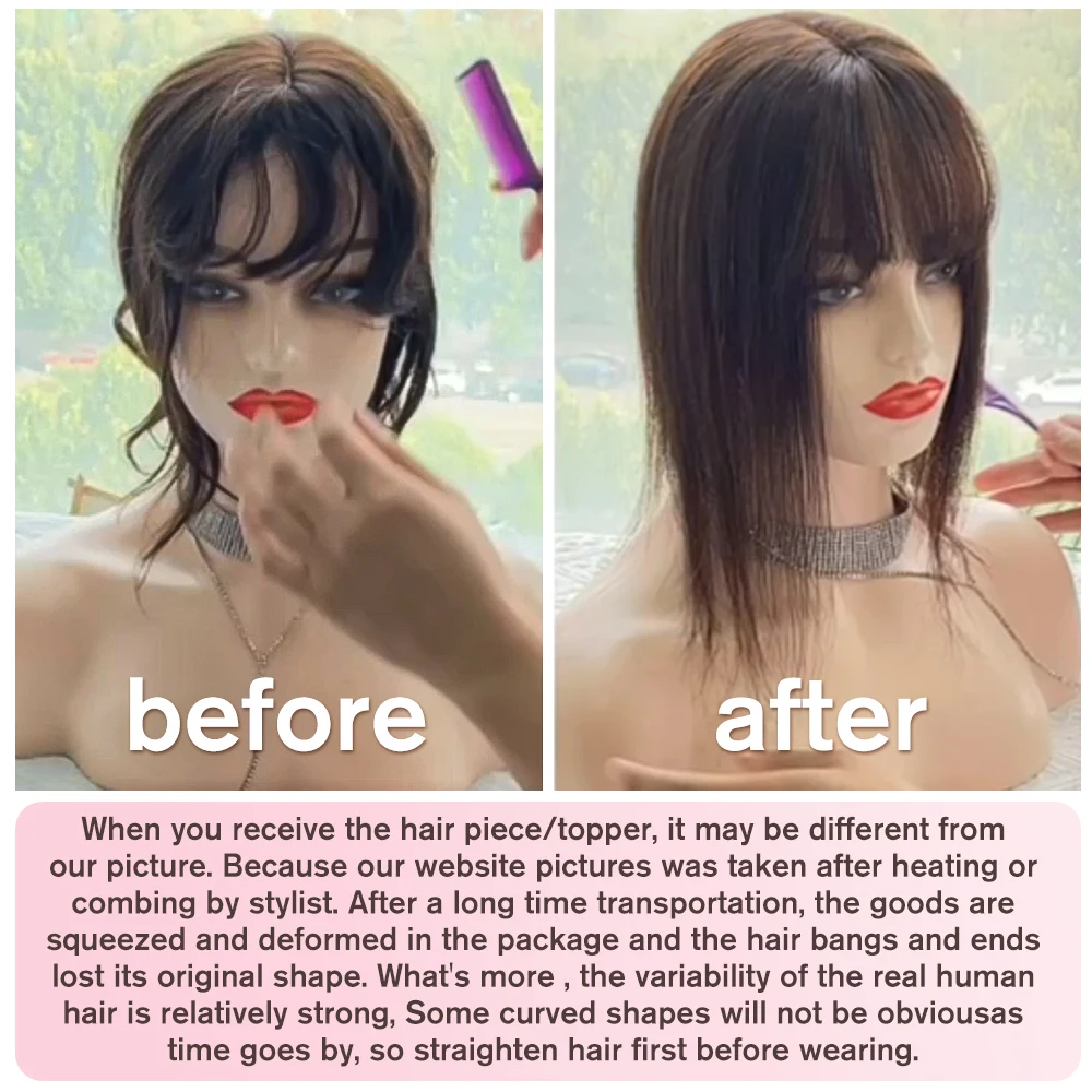 Isheeny-Natural Cabelo Humano Topper com Bangs para Mulheres, Extensões De Cabelo Castanho, Parte Média Clipe, Ins Máquina De Trama, 8 