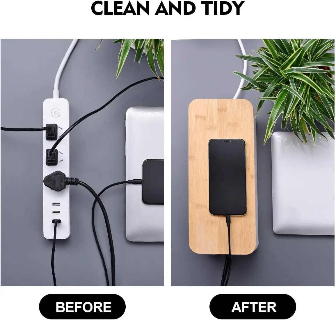 Cable Management Box, Cable Storage Box, Dustproof Wire Storage Box, Plastic Storage Box with Bamboo for TV Wires, USB Hub 6