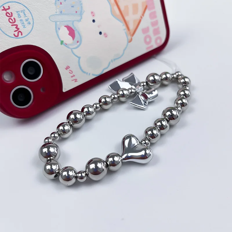 Stylish Silver Electroplated Beaded Phone Chain with Heart and Bow Charms Wrist Strap Lanyard