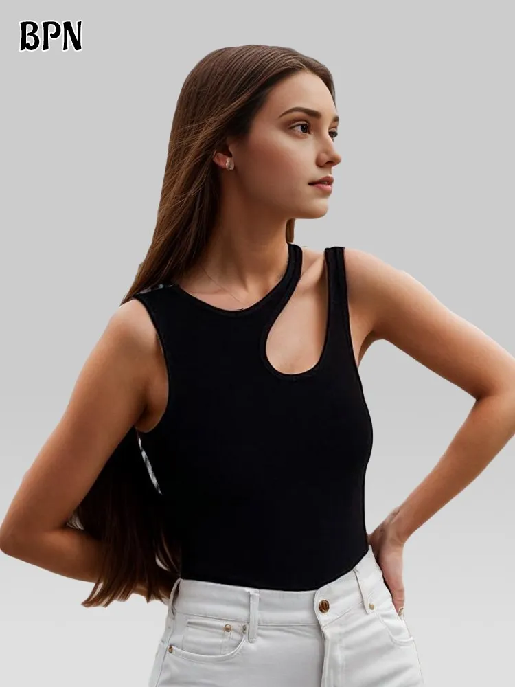 

BPN Casual Hollow Out Shirts For Women Round Neck Sleeveless Minimalist Solid Slimming Summer Clothing Female Fashion New Style