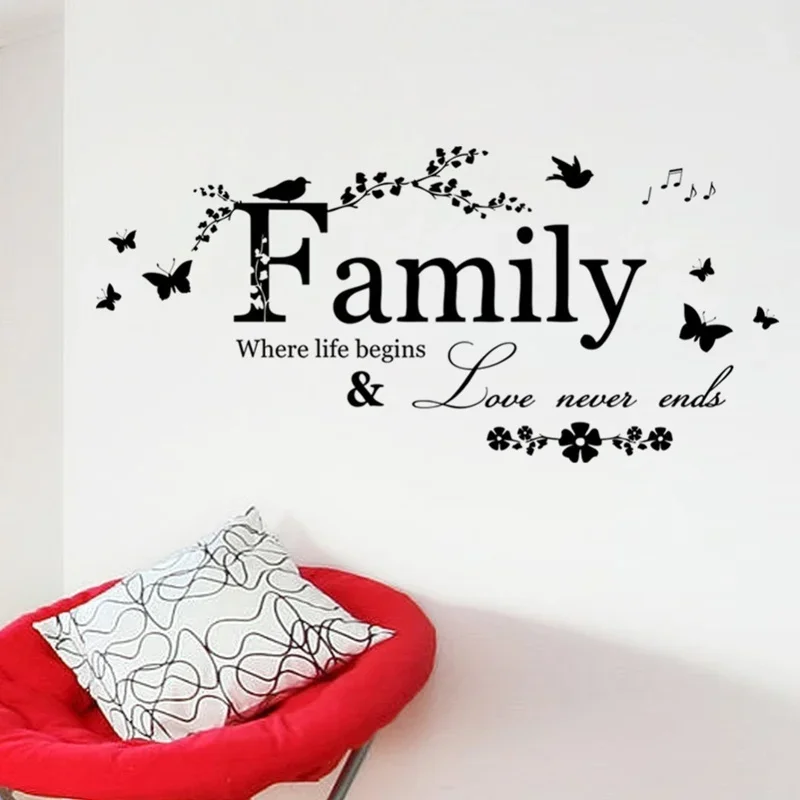 Family Love Never Ends Quote Vinyl Wall Decal Wall Lettering Word Art Wall Sticker Home Decor Wedding Decoration Living Room