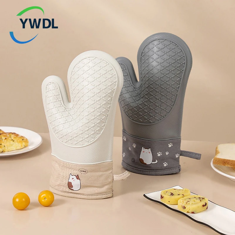 Cat Pattern Silicone Oven Gloves Heat Resistant 300℃ Thickening Anti-scalding Gloves Anti-slip Cooking Barbecue Oven Mitts