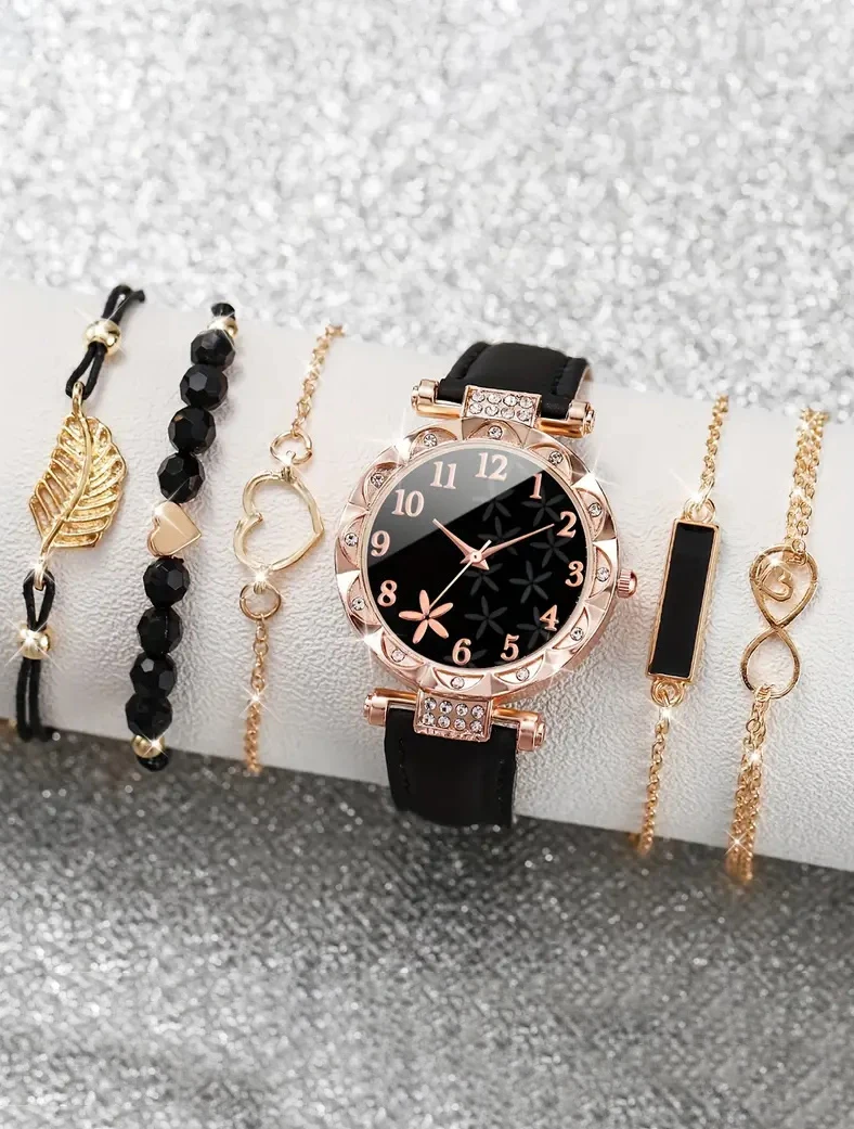 6PCS elegant black leaf plant print ladies quartz watch with black feather Love bracelet set selected gift 3