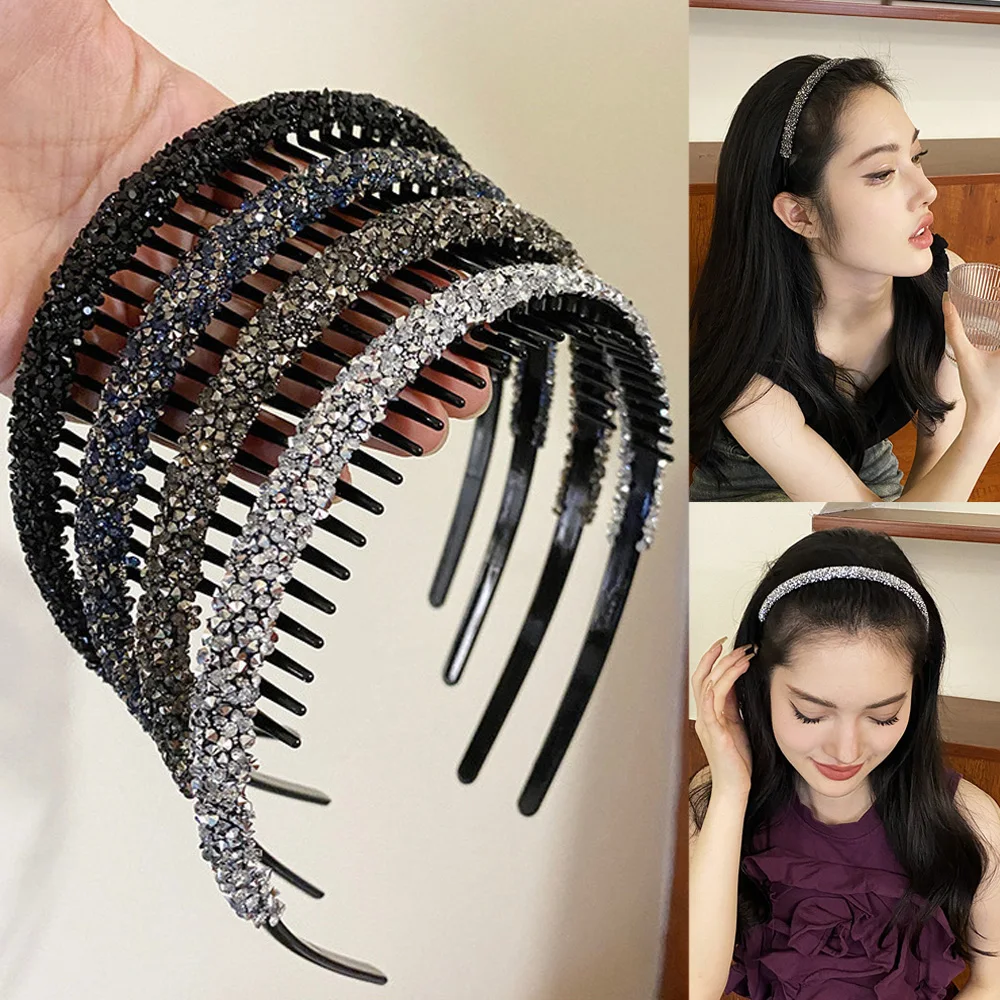 

New Thin Crystal Headbands Women Solid Head Hoop Non-Slip Toothed Hairbands Rhinestones Anti-slip Hair Hoop Hair Accessories Hot