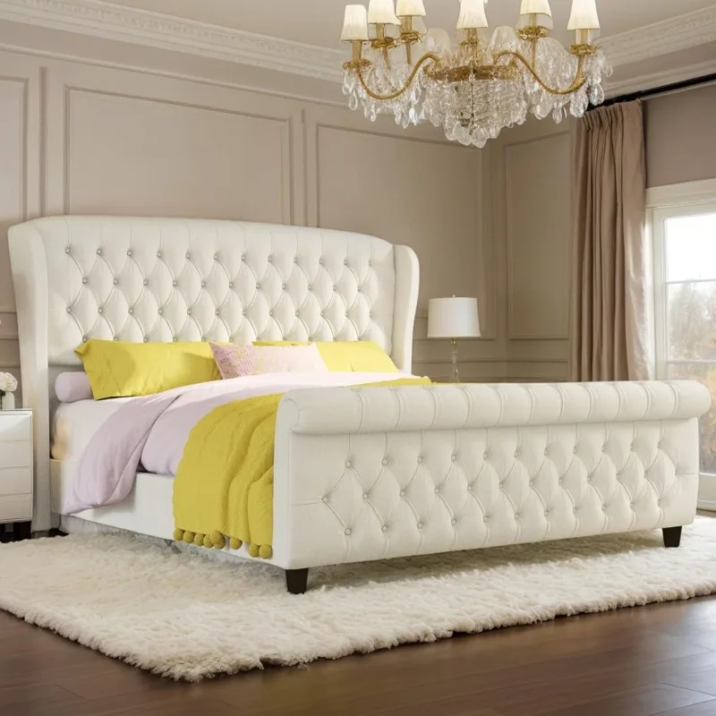 Queen Size Platform Bed Frame Chenille Upholstered Sleigh Bed with Curved Headboard Footboard No Box Spring Needed Cream