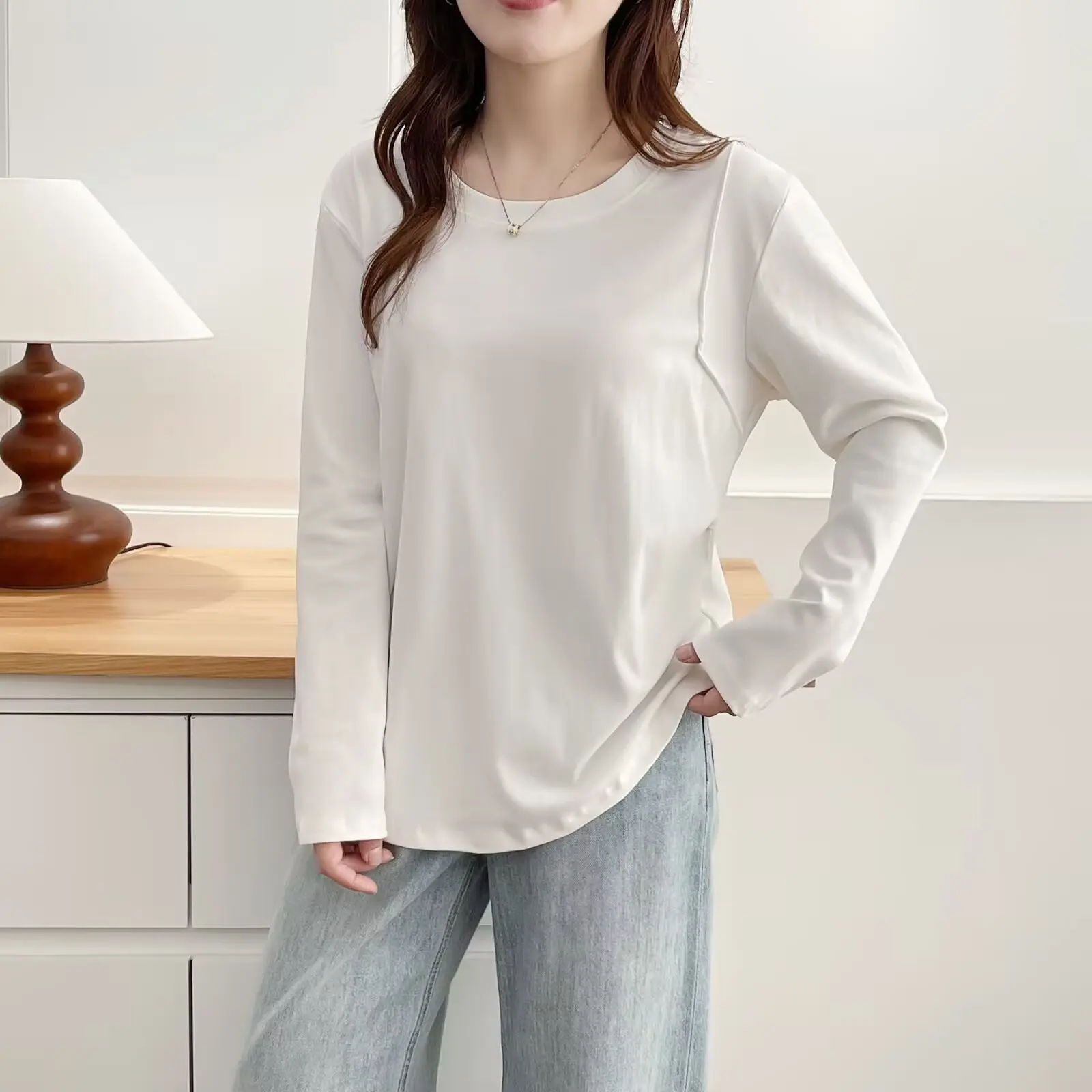Fashion Plus Size Women's T-Shirt Autumn Casual double-sided Fold Waist Long Sleeve Tops 2538