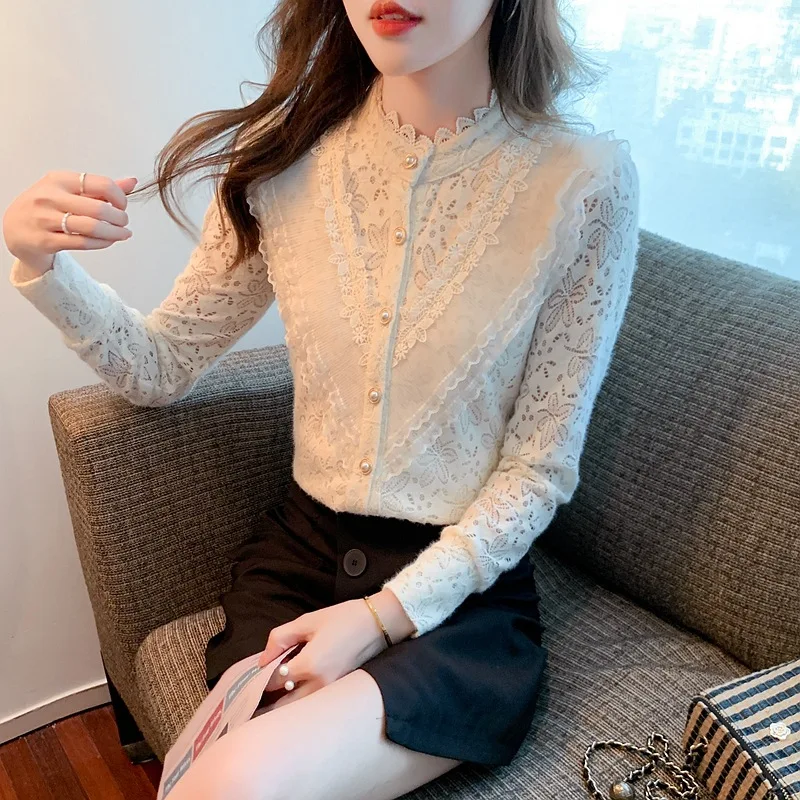 Spring and Autumn New Fashionable Women's Elegant Lace Lace Long Sleeve Shirt Half High Collar Button Casual Top