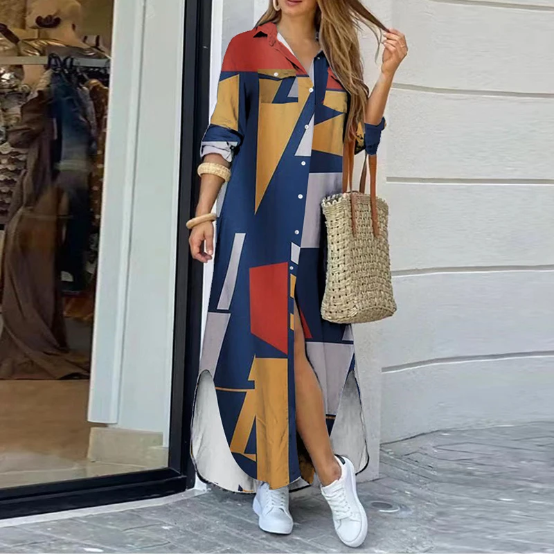 

Spring Autumn Turn Down Collar Printing Shirt Dress Women 2022 Fashion Elegant Long Sleeves Irregular Buttons Maxi Beach Dresses