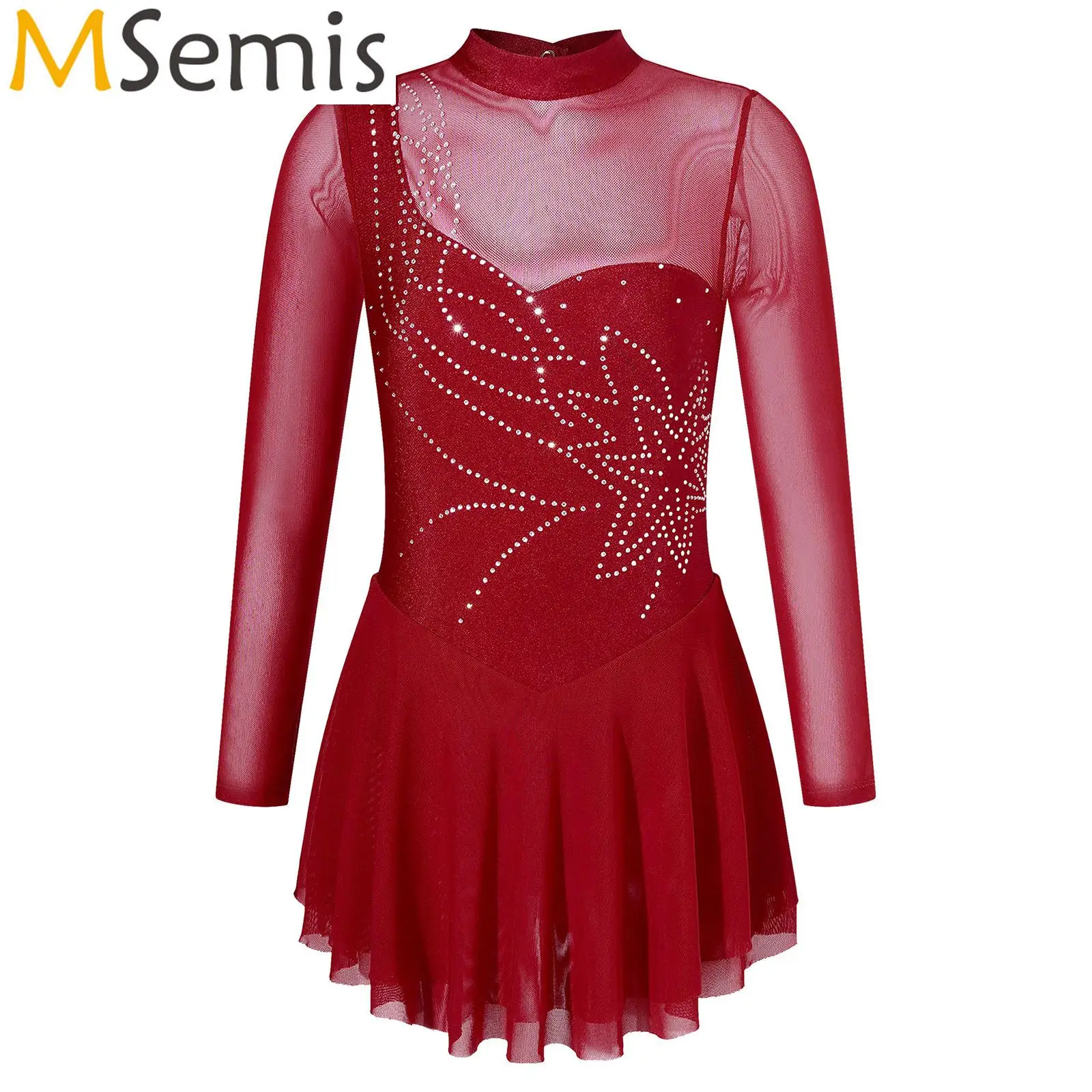 

Girl's Long Sleeve Figure Skating Dress Rhinestone Mesh Tutu Ballet Gymnastics Dance Leotard Dresses for Kids Skater Dancewear