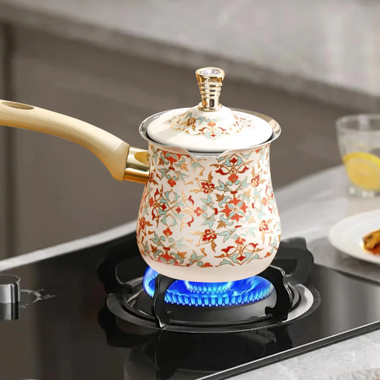 Turkish Coffee Pot With Long Wooden With Lid Arabic Heavy Duty 550/720Ml