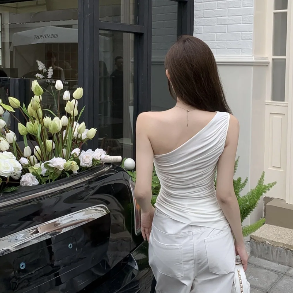 

Solid Color Summer Slim Fit Vest High Quality Polyester Plain Ruched Tank Top Sexy Elastic Top