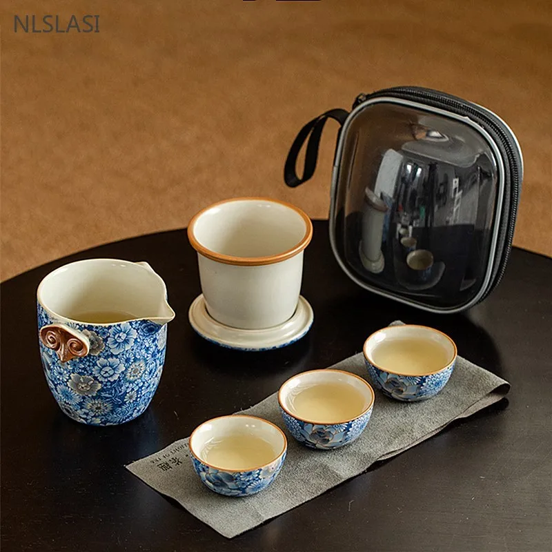 

High-grade Blue and White Porcelain Tea Infuser Ru Kiln Ceramic Travel Tea Set Home A Pot of Three Cups Outdoor Portable Bag