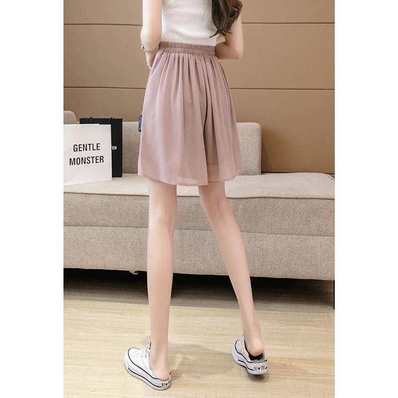 Summer New Oversized Elegant Fashion Pleated Wide Leg Shorts Lady Elastic Waist Solid Color Casual All-match Short Skirt Pants