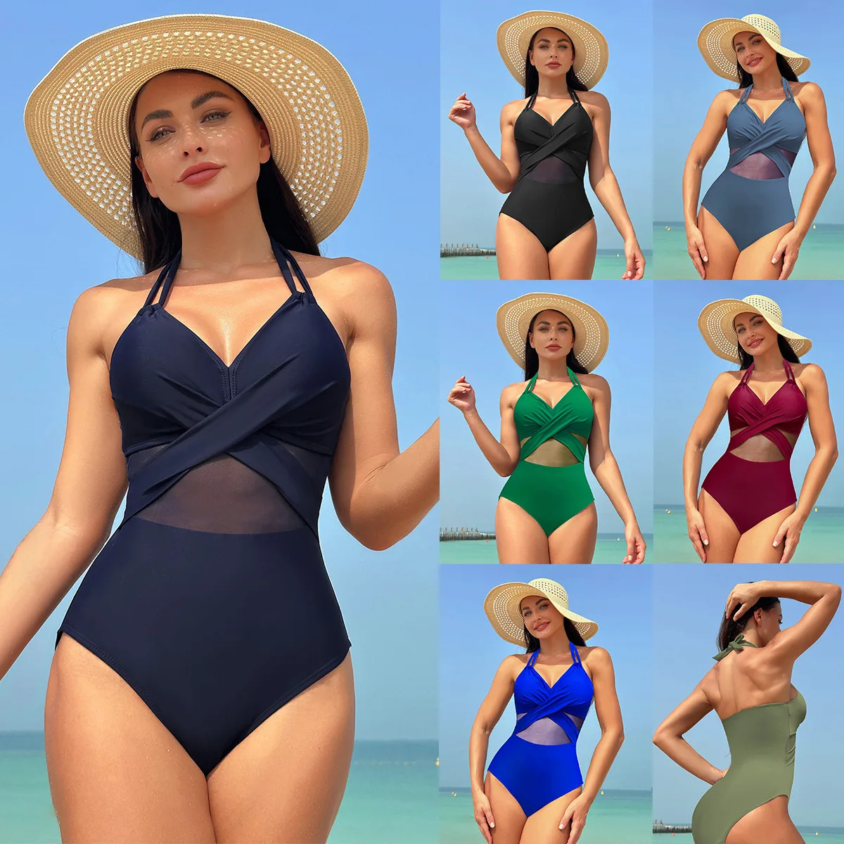 

Women's swimsuit One-piece Swimwear women solid color mesh bikini swimsuit Women Tummy Control Sexy Beachwear multicolor