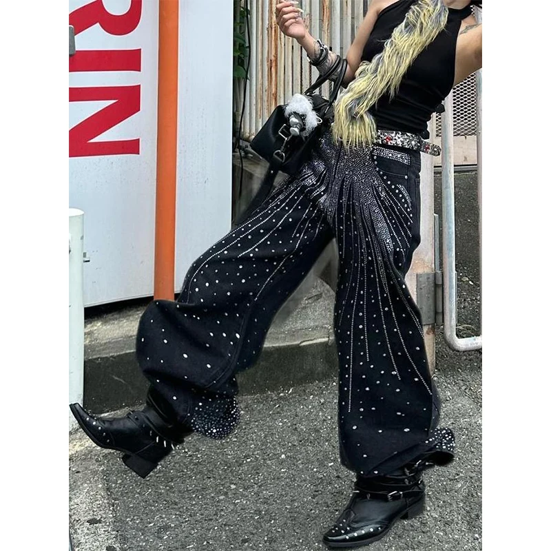 المرأة السوداء القوطي Y2k ايمو الجينز Harajuku خمر فضفاض سراويل جينز اليابانية 2000s نمط الجرونج حجر الراين الجينز السراويل الملاب...