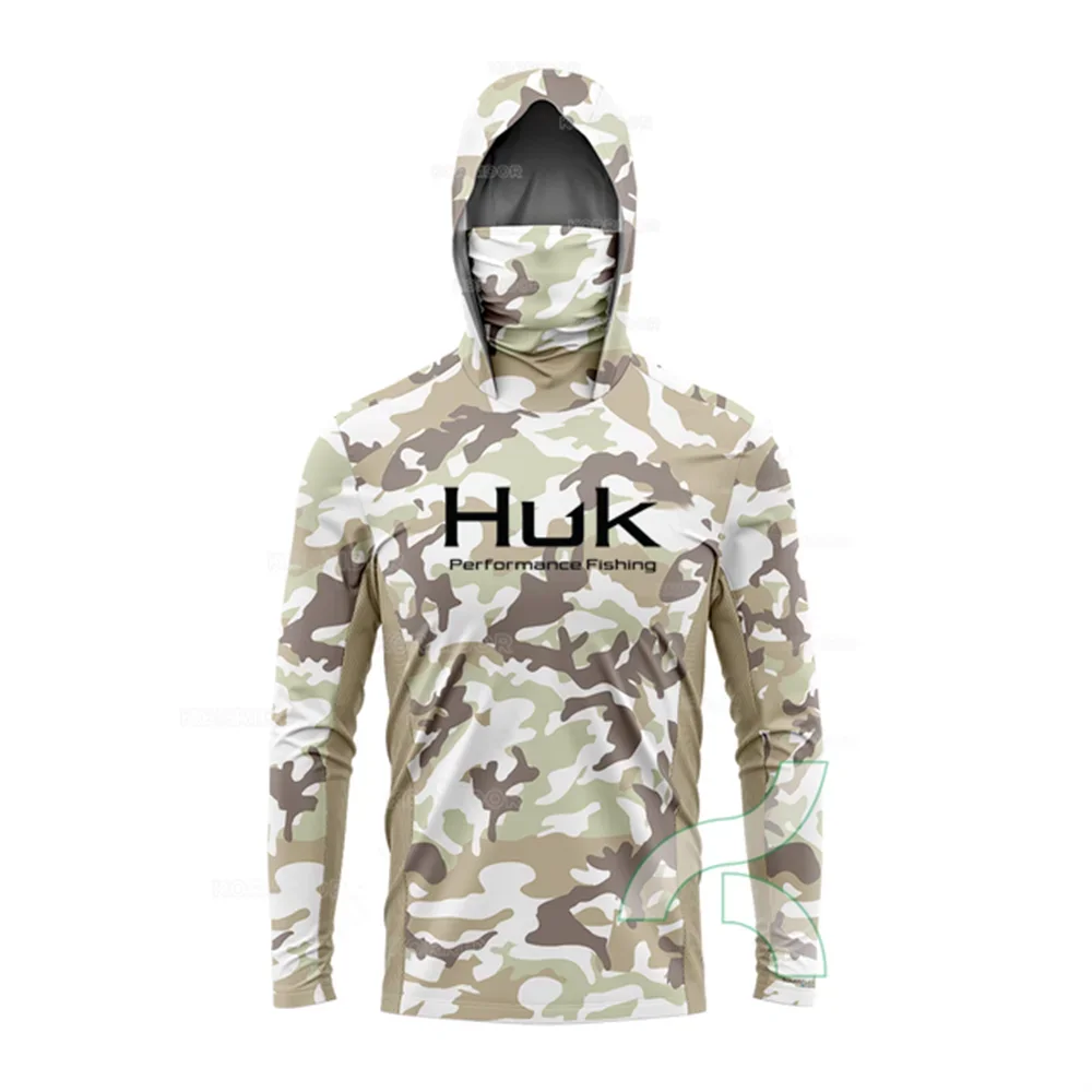 HUK Fishing Shirt Long Sleeve Anti-UV Fishing Hooded Shirts With Face Mask Fish Clothing Outdoor Sun Protection T-shirts UPF 50+