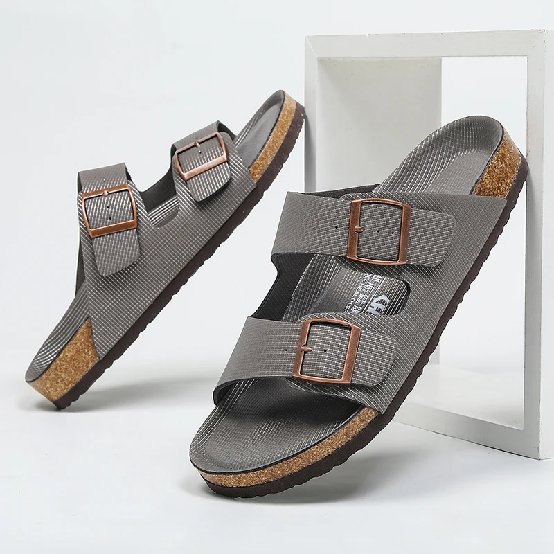 Summer Men Cork Slippers Slides Clogs Casual Slip On Sandals Double Buckle Women Microfiber Leather Unisex Big Size 47 48 49 — view 3