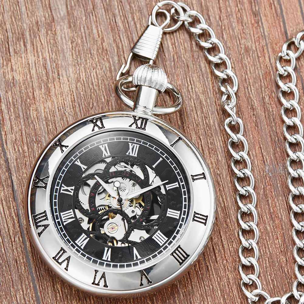 Skeleton Mechanical Pocket Watch Round Black Roman Dial Tonneau Clock Steampunk FOB Chain Men Box Women Pendant reloj hombre