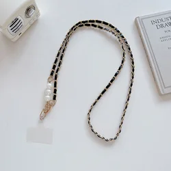 Universal Mobile Phone Lanyard with Stylish Long Neck and Crossbody Pearl Chain Strap (Black)