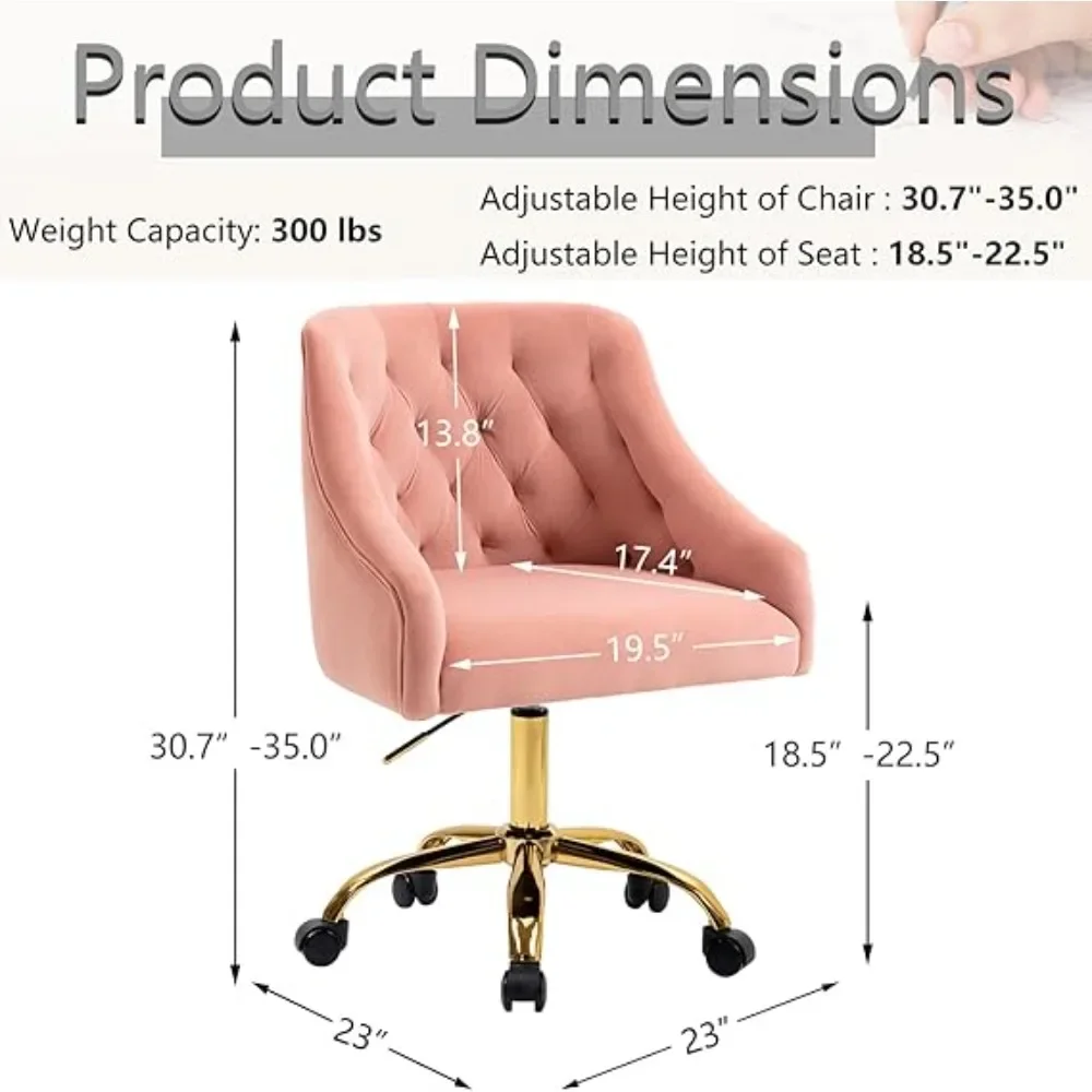 Velvet Fabric Pink Desk Chair for Home Office, Modern Adjustable Swivel Task Chair, Bedroom Vanity Chair for Girls Women 4