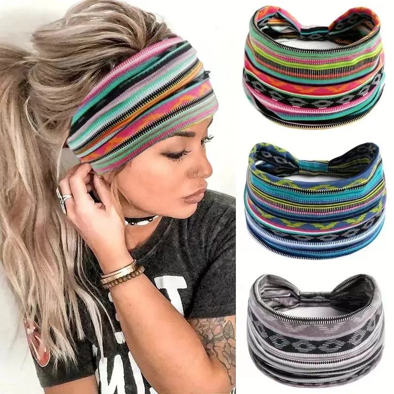 Vintage bedrucktes Cashew-Sport-Stirnband, schweißabsorbierendes elastisches Bohemian-Kopftuch, Kopftuch mit breiter Krempe und Haarschmuck.