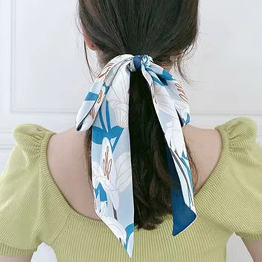 Cinta para el pelo con estampado Floral para mujer y niña, pañuelo de seda con lazo largo, soporte para Cola de Caballo coreano, accesorios para el cabello
